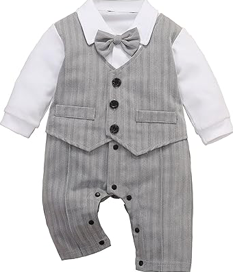 HMD Baby Boy Long Sleeve Gentleman White Shirt Waistcoat Bowtie Tuxedo Onesie Jumpsuit Overall Romper, Size 6-9 M
