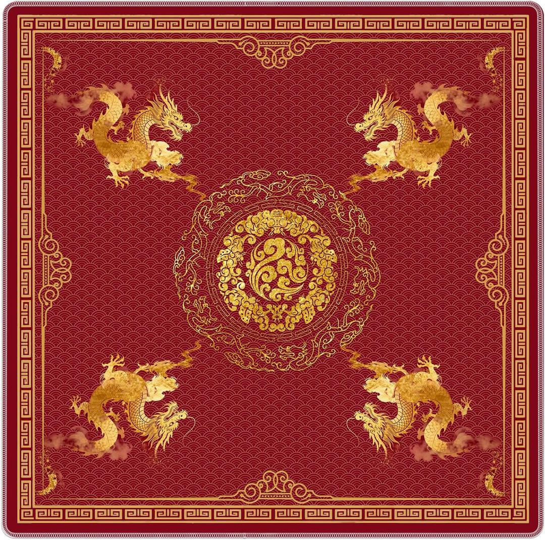Red and Gold Chinese Dragon Mahjong Mat for Table 31.5x31.5 in, Traditional Red Chinoiserie Mahjong Table Mat Cover Anti Slip Noise Reduction for Mah Jong Card Board Tile Games