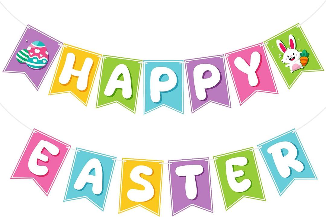 10 x OHOME Easter Decorations - Happy Easter Banner | Bunny Party Decorations for Indoor Outdoor Outside - Bunny Egg Garland for Front Door | Easter Backdrop Wreath for Window Wall - Easter Decor