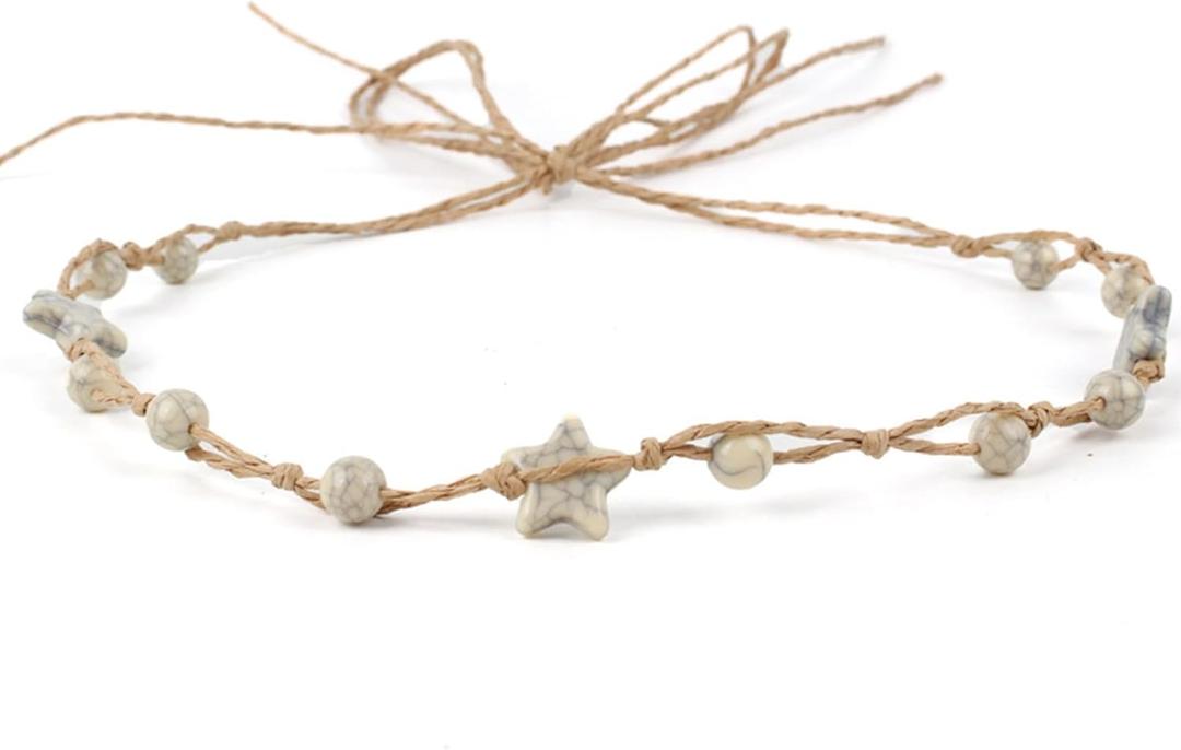 Hat Band for Cowboy Cowgirl, Turquoise Hand Made Replaceable Beaded Belt for Panama Fedora (Beige Star)