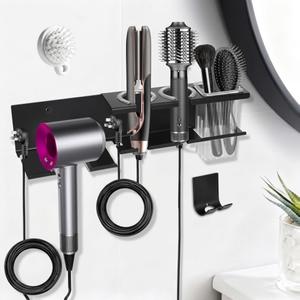Hair Tool Organizer, 3-in-1 Universal Hair Dryer Holder Wall Mounted, Metal Hot Tools Organizer for Blow Dryer, Straightener and Curling Iron, Stylers Storage Rack for Bathroom (with Comb and Hook)