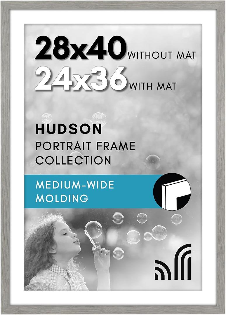 Americanflat 28x40 Poster Frame with Polished Plexiglass - Use as 24x36 Frame with Mat or Display 28x40 Photo Without Mat - Hudson Collection - Wide Picture Frames for Wall Display - Grey Wood