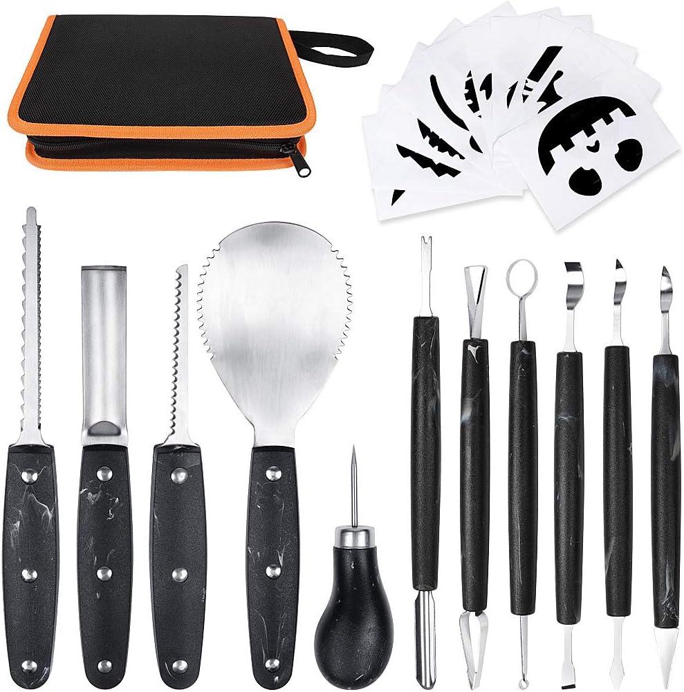 Professional Pumpkin Carving Kit, 11 Pieces Heavy Duty Stainless Steel Carving Tools for Halloween with Carrying Case and 10 Pcs Carving Templates-Black