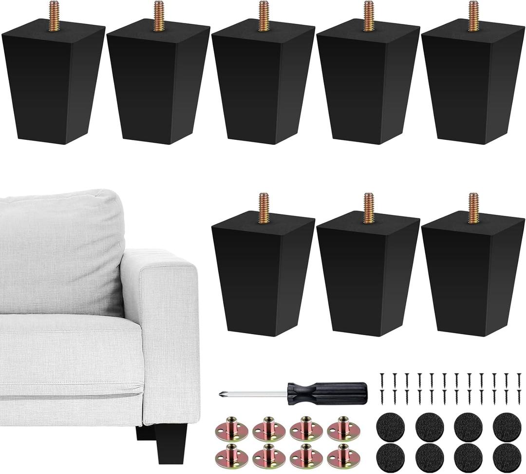TURSTIN Set of 8 Furniture Legs 3 Inch Square Solid Wood Couch Legs Replacement Sofa Legs Mid Century Furniture Feet for Armchair Bed Dresser Cabinet Include Installation Hardware, Black