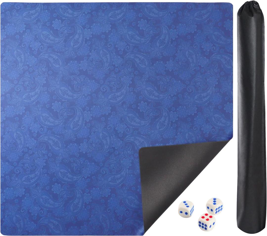 Mahjong Mat, Mahjong Table Mat with Prints & Extra Dice, for Poker, Card, Mahjong, Dominoes Games (Blue, 35 inches)