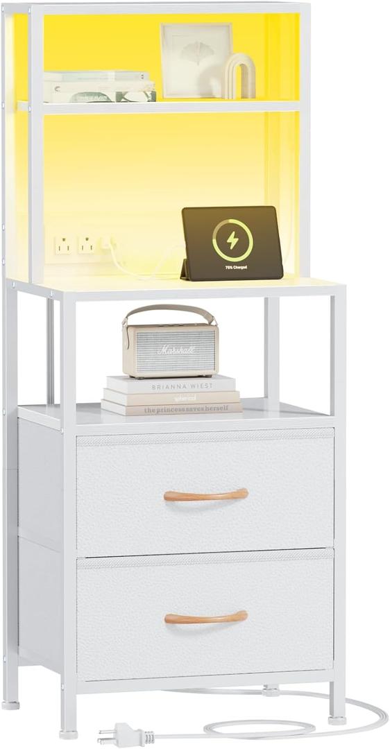Furnulem Night Stand, Tall White Nightstand with 4Tier Shelves, 2 PU Fabric Drawers and Light Tube, Bed Side Tables with Charging Station, Bedside Table for Bedroom