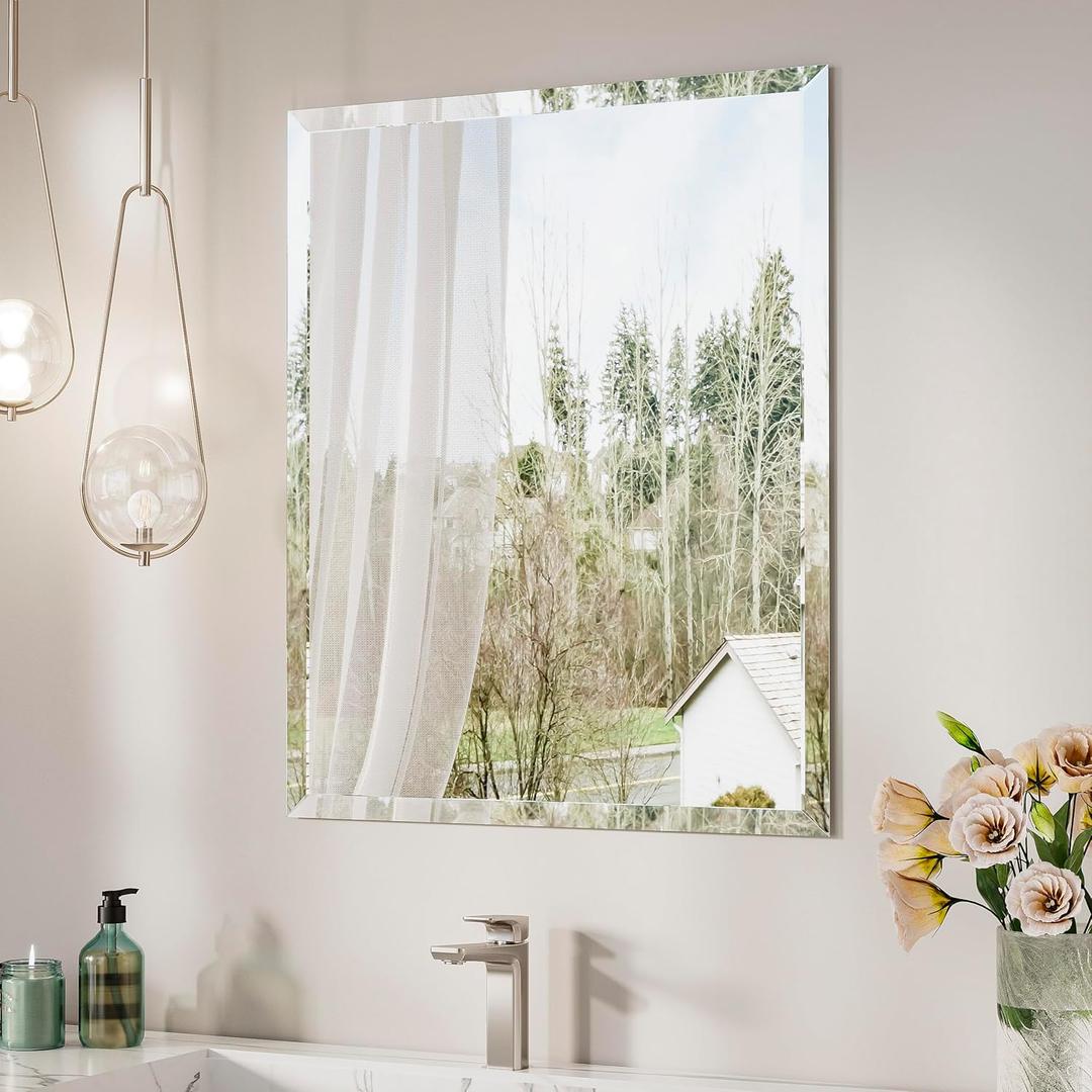 Keonjinn 22 x 30 Inch Frameless Bathroom Mirror, Beveled Mirrors for Bathroom Sink, Shatterproof Wall Mirror, Modern Decorative for Living Room, Entryway, Bedroom, Horizontal/Vertical