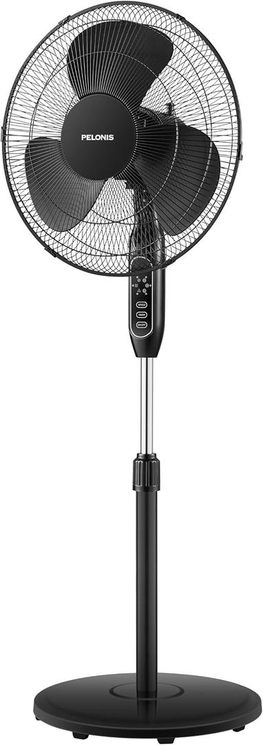 PELONIS 16'' Pedestal Fan for Bedoom, Remote, Standing Fan with 7-Hour Timer, 90 Oscillation, 3-Speeds, Adjustable Height, Electric Cooling Fans for Living Room and Office