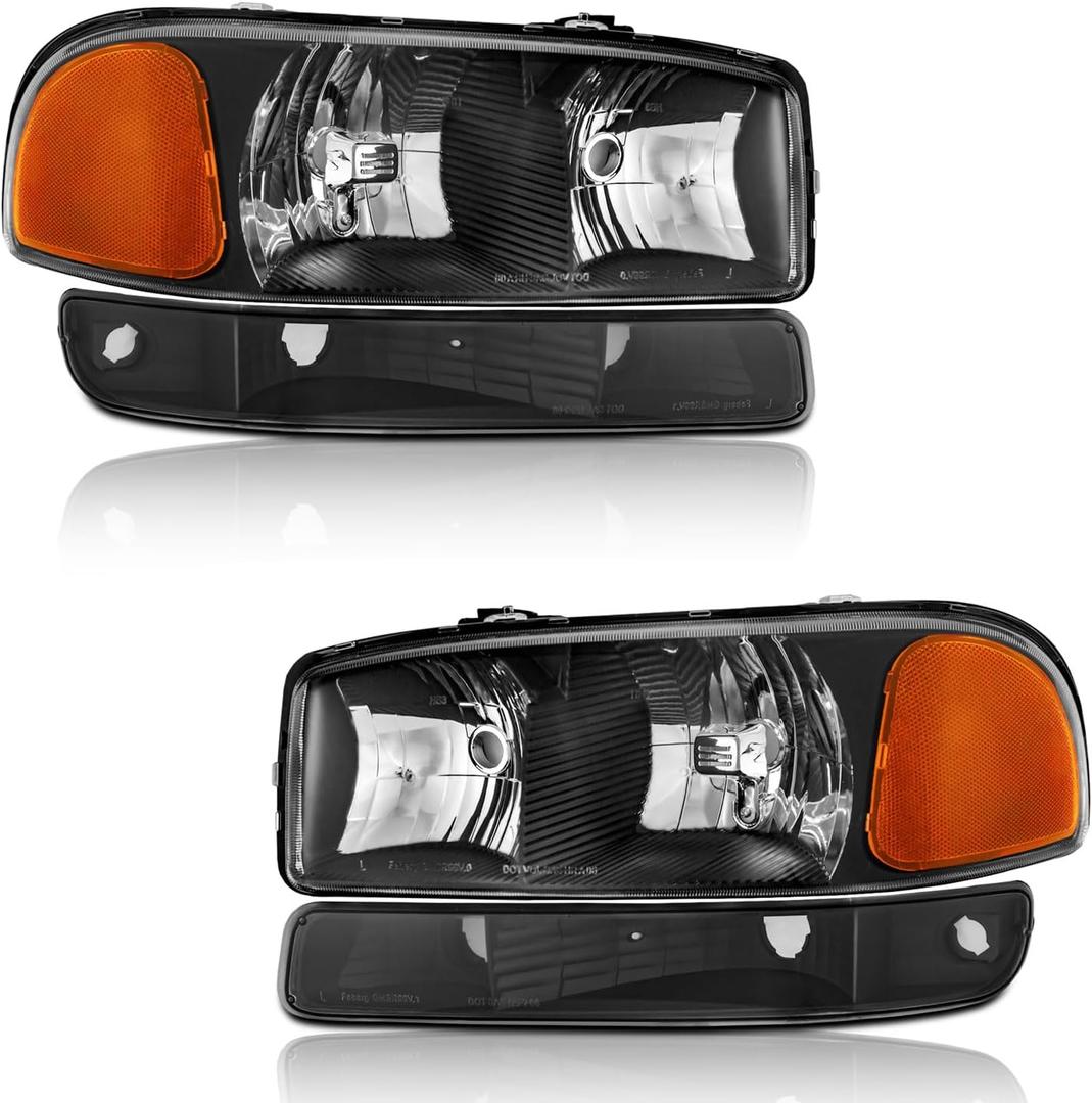 Headlights for 1999-2006 GMC Sierra 1500 1500HD 2500HD 3500/00-06 Yukon XL 1500 2500, for 2007 GMC Sierra 1500 Classic Headlamp Replacement (Clear Lens I Black Housing I Amber Reflector)