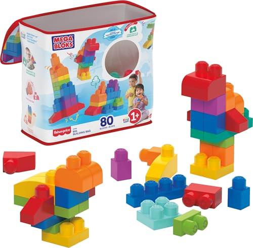 MEGA BLOKS First Builders Toddler Blocks Toys Set, Big Building Bag with 80 Pieces and Storage, Blue, Ages 1+ Years