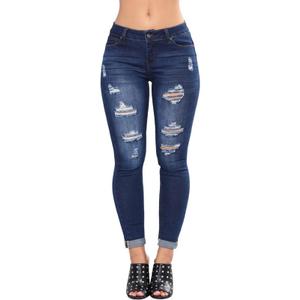 HUNGSON Women Low Waist Skinny Stretch Ripped Jeans Destroyed Denim Pants (14, Darkblue)