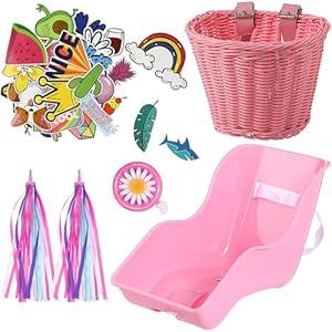 Aurelema Doll Bike Seat with 30 Pcs Stickers Decals Bike Basket for Kids Bike Handlebar Streamers Colorful Ribbons Tassel Daisy Bike Bell for Girls Boys Bike Accessories Christmas Kids Gift(Pink)