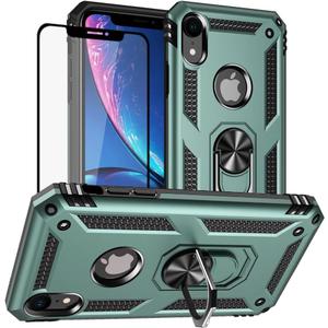 Yiakeng for iPhone XR Case, iPhone XR Phone Case with Screen Protector, Military Grade Protective Cases with Ring for iPhone XR (Dark Green)