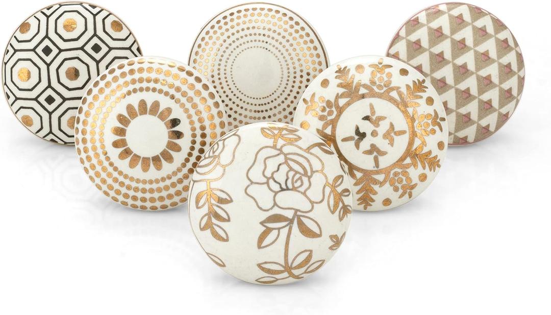Kitchen Cabinet Knobs - Indian Handmade Ceramic Dresser Pull Handle Kitchen Cupboard Wardrobe Drawer Pulls Boho Furniture Hardware - Geometric Gold - Pack of 6