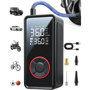 Powools Tire Inflator Portable Air Compressor - 3X Faster Inflation Air Pump with LED Light, Auto Shut-Off Tire Pump with 4 Nozzles for Car, Motorcycle, Bicycle, Ball, Black