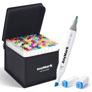 AnyMark Alcohol Markers, 100 Colors Dual Tip Art Coloring Markers Set for Adult Book Drawing Sketching Painting, Chisel & Fine, White Penholder