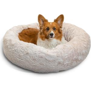 Best Friends by Sheri Original Calming Donut Dog and Cat Bed, Lux Faux Fur, Oyster, (30in x 30in) - Anxiety Relief for Pets Up to 45 lbs (Medium)
