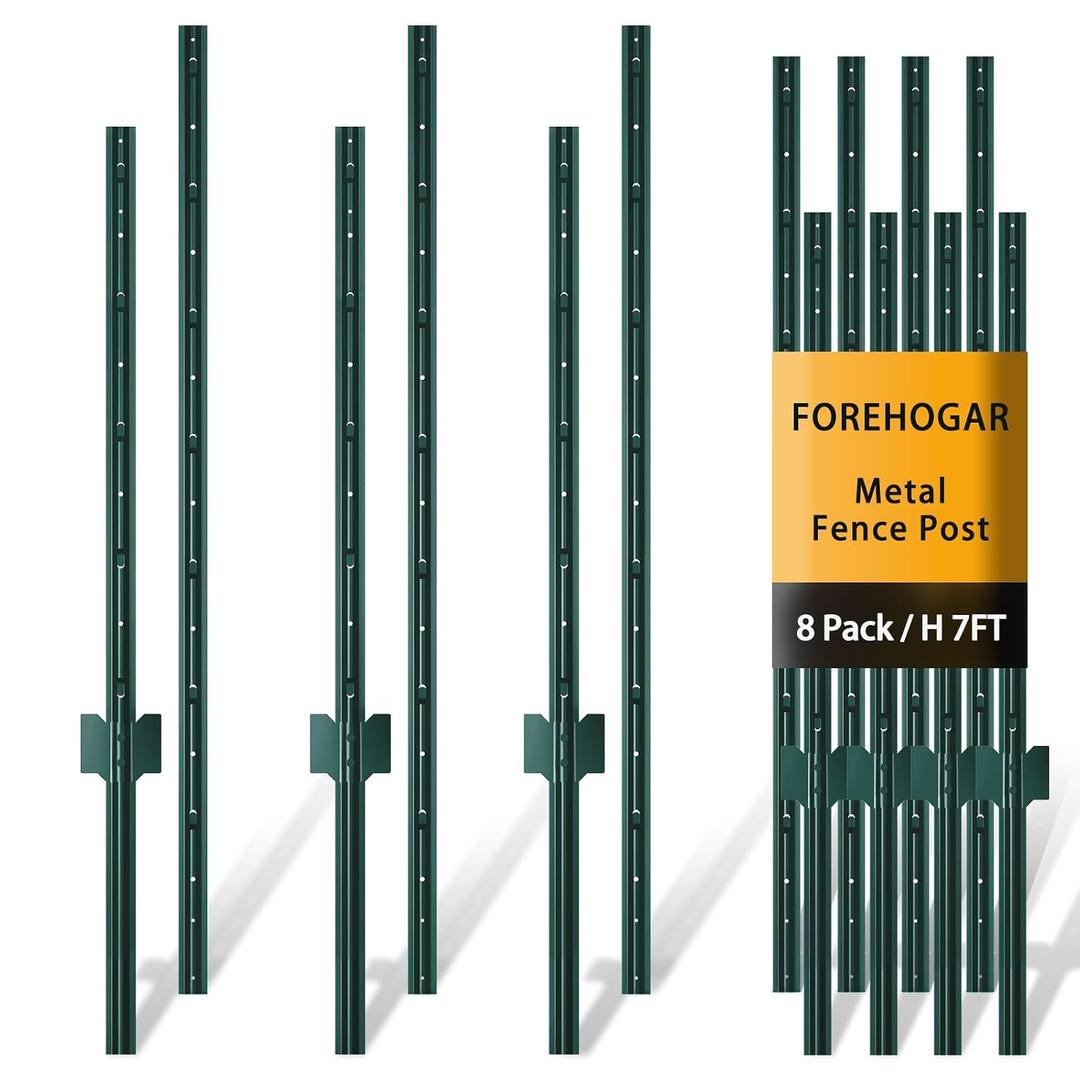 Green Metal Fence Post, Splicing 7 feet, T Post for Garden Fence, 8-Pack | No Dig Metal Stakes with Hooks for Chicken Wire Mesh Fencing, Welded Wire Fence, Steel Poles for Plant Temporary Netting