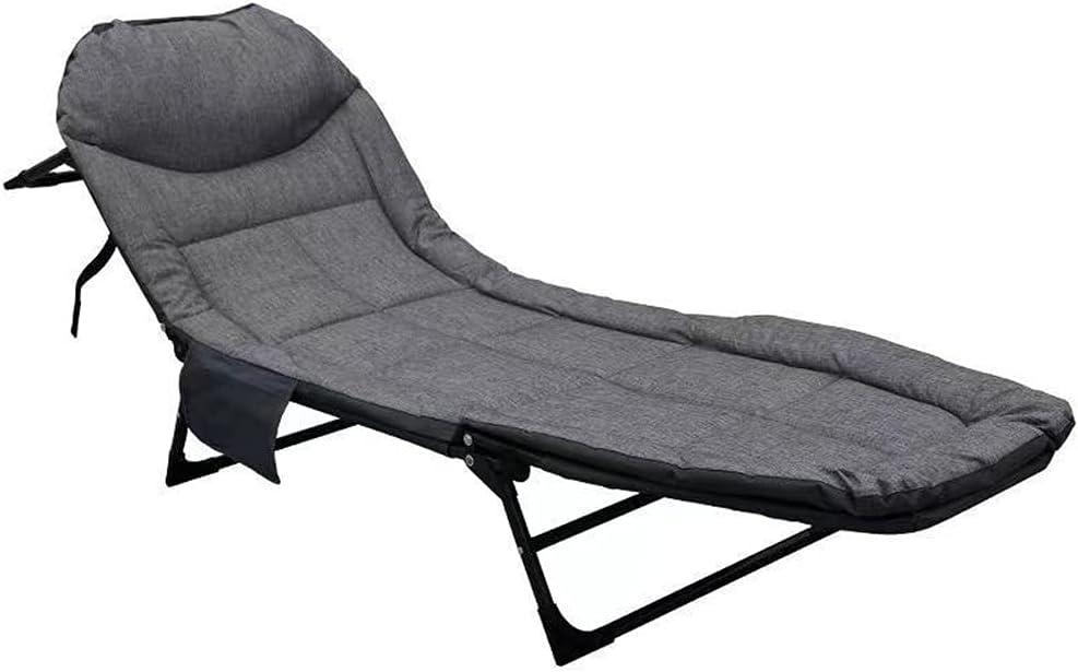 LANGWEI Folding Camping Cot, Adjustable Backrest Adults Reclining Lounge Chair with Pillow and Side Pockets, Folding Outdoor Travel Cots for Outside Beach Patio (Grey)