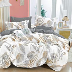 ALEISSEL Natural Cotton 3pcs Floral Comforter Sets Queen Size-Gray Comforter with Luxurious Brown Branches and Taupe & Gray Leaves on White, Reversible Lightweight Bedding Sets(Queen)
