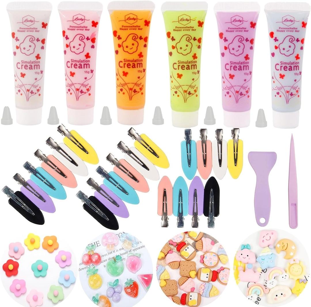 Taginke 6 Colors (15ml Each) Cream Glue Set DIY Hairpin Kit, 6 Pcs Decoden Cream with 20 Pcs Hairpins with 40pcs Slime Charms Resin with 1 Pack Tool with 6 Plastic Mouths (Flower)