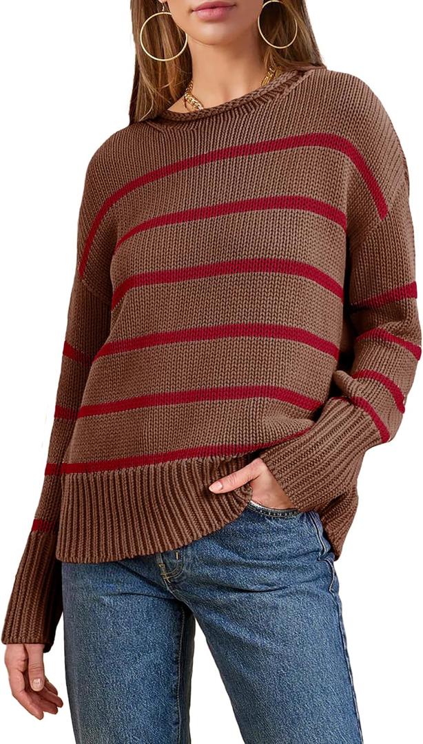 Women's 2026 Fall Roll Neck Pullover Sweaters Trendy Long Sleeve Ribbed Knit Striped Jumper Tops (M)