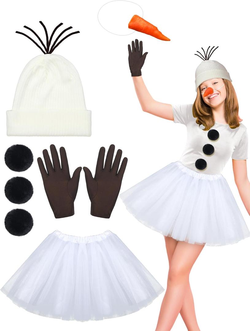 7 Pcs Christmas Snowman Costumes for Women Adult Winter Snowman Accessories Beanie Knit Hat 3 Black Faux Fur Pom Poms Carrot Nose Gloves Tutu Skirt for Holiday Cosplay Party