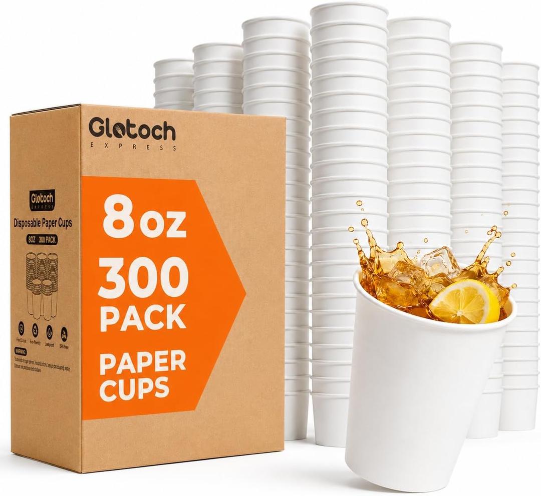 Glotoch 8oz Paper Party Cups Disposable Cups 300 Pack, White Leak-Proof BPA-Free Cups, Perfect for Home, Office, Parties or Events