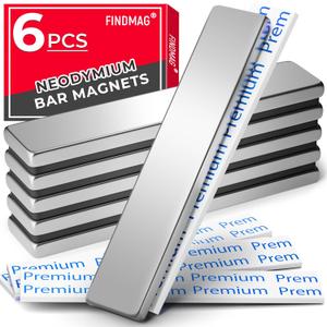 FINDMAG Neodymium Magnet, 6 Pack Bar Magnets Strong Heavy Duty Magnets with Adhesive Backing, Magnetic Strip Rare Earth Magnet for Crafts, Refrigerator, Door, Science- 60 x 10 x 3 mm, Silver