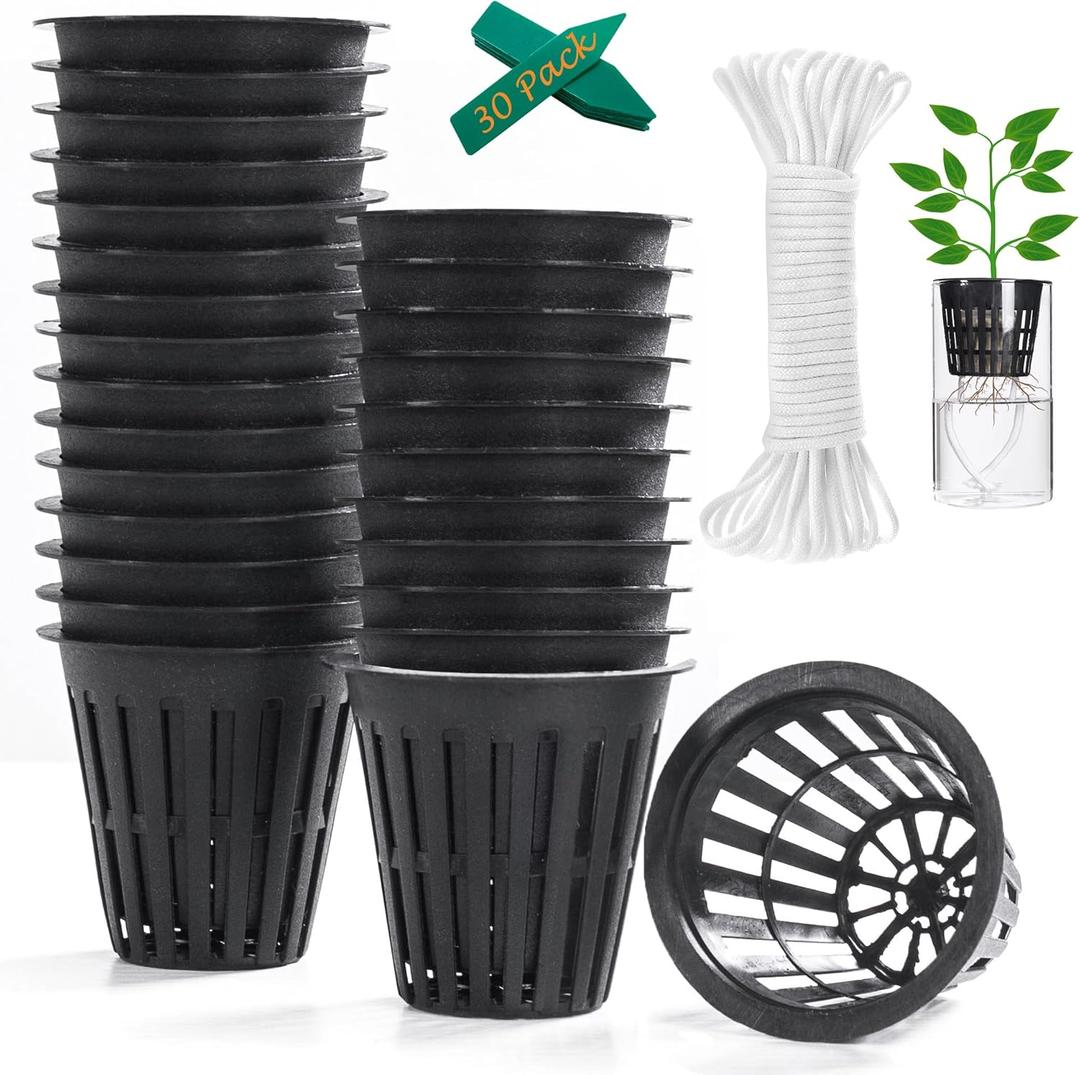 ORIMERC 2 inch Net Cups Pots 30 Pack with 30 feet Self Watering Wick & 30 Plant Labels for Hydroponics Aquaponics Planter Indoor Outdoor Growing Baskets Slotted Mesh UV Resistant & BPA Free (Black)