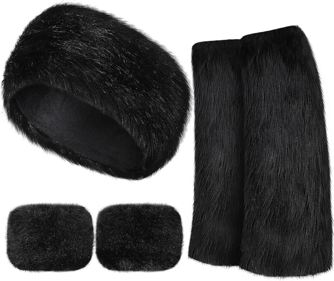 SATINIOR 3 Pieces Faux Fur Headband Set Ear Warmer Headwrap Furry Wrist Cuff Leg Warmers Boot Cuff Accessories for Girls (Black)