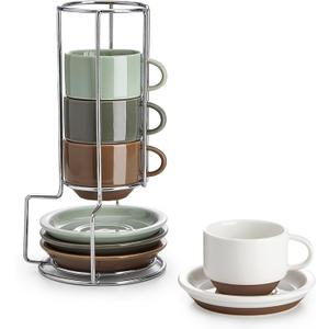 Sweese 2.5 Ounce Espresso Cups Set of 4, Porcelain Stackable Coffee Cups with Saucers and Metal Stand, Multicolor