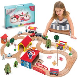 Wooden Train Set - 69 Pieces Wooden Train Tracks & Trains for Kids, Toddler Boys and Girls 3,4,5 Years Old and Up Premium Wood Construction Toys -Fits Thomas, Brio, IKEA, Melissa and Doug