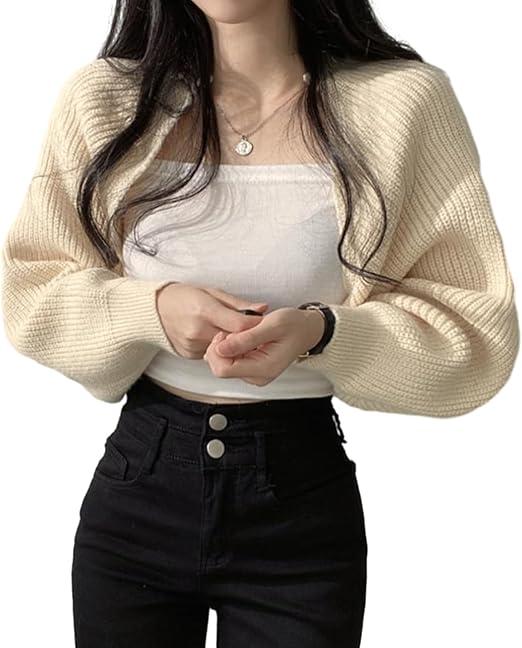 MKLXIR Women's Fall Open Front Shrugs Long Sleeve Boleros Solid Lightweight Knitted Cropped Cardigan Sweaters Short Shawl Tops
