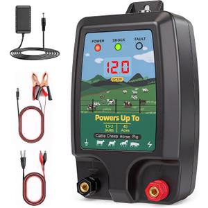 Electric Fence Charger 15 Miles, 12KV Pulse Charger AC/DC Solar Compatible, Heavy Duty Livestock 2J Fence Charger for Cattle, Horses, Poultry, Garden Deer & Wildlife Control, LED Display with Alarm