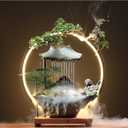 Ceramic Buddha Water Fountains Indoor Waterfall with LED 2 Buddhas Mist Water Fountain with Backflow Incense Holder for Feng Shui Strees Relief Wealth-Booming Japanese Decor