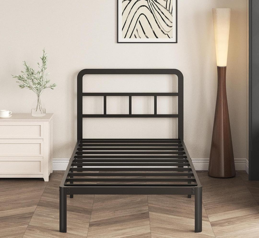 12 Inch Twin XL Bed Frame with Headboard, Heavy Duty Metal XL Twin Platform Bed Frame with Rounded Corner Legs, No Box Spring Needed, Noise Free, Easy Assembly, Black