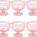 Vintage Glass Dessert Bowls Set of 6-11.5 oz Pink Embossed Glass Ice Cream Bowls for Salad, Candy Cake, Fruit,Trifle,Cocktail
