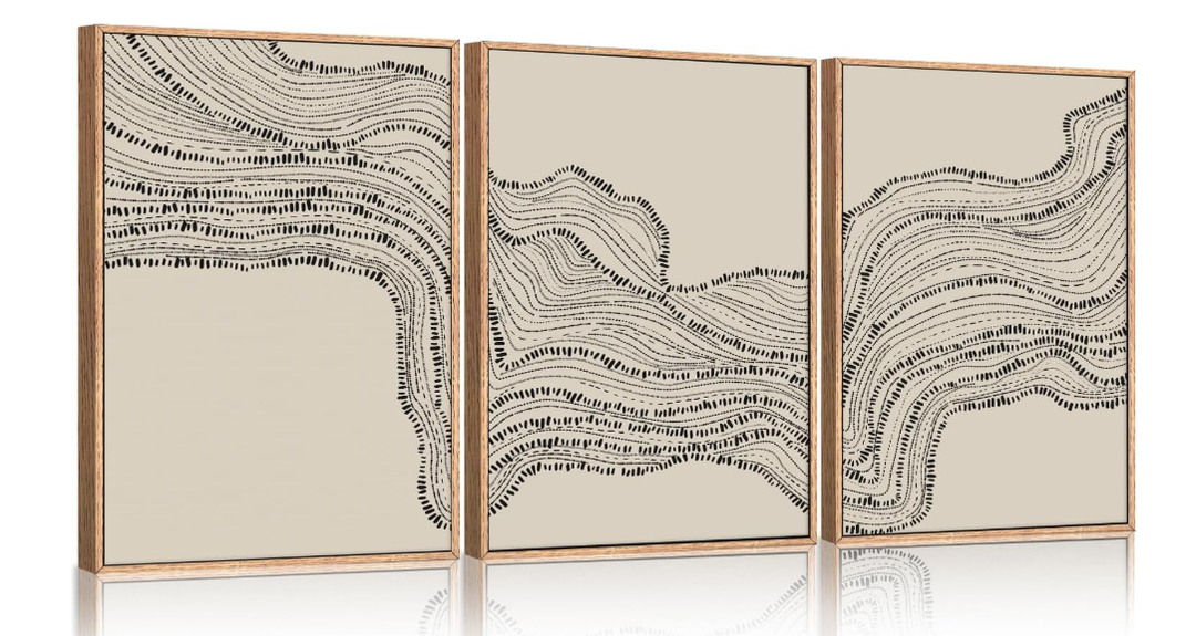 HLNIUC Neutral Abstract Framed Canvas Wall Art Set, Black Beige Wave Line Wall Decor, Large Minimalist Painting, Modern Geometric Art Print for Living Room, Bedroom, Dinning Room, Office - 24"x36"x3 