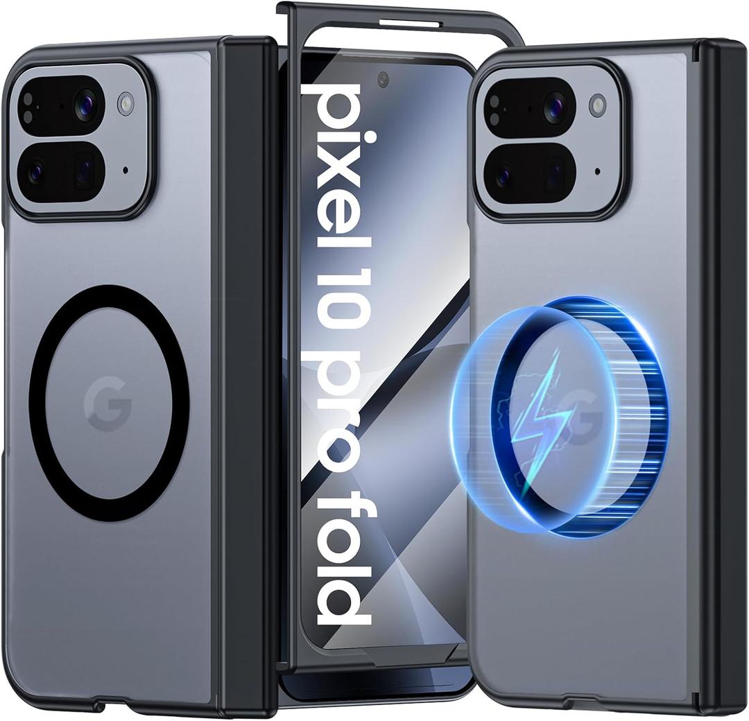 for Google Pixel 10 Pro Fold Case Magnetic [Hinge Protection] [HD Screen Protector] [Translucent Matte] Slim Skin-Friendly&Smooth Touch Shockproof Phone Case for Pixel 10 Pro Fold (Black)