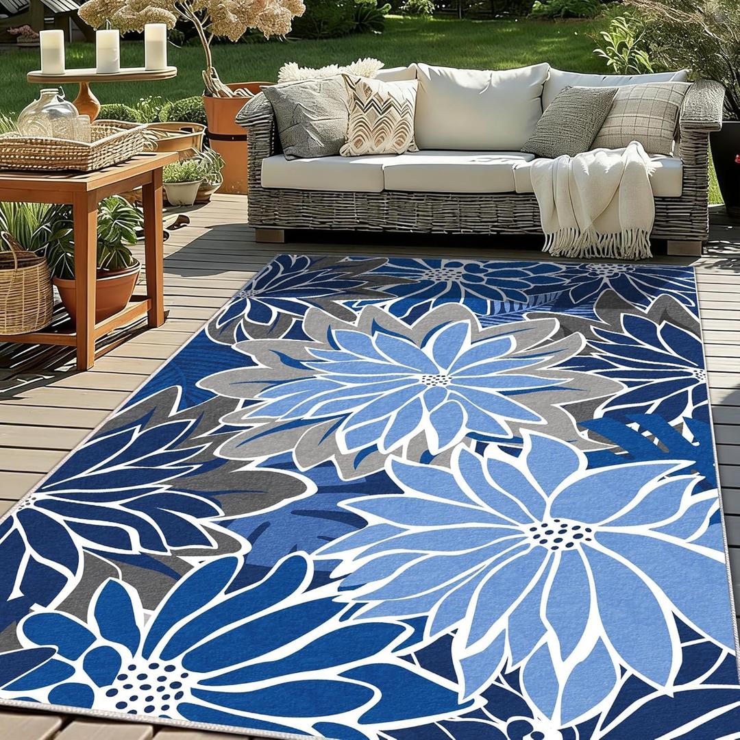 ZonLi Outdoor Rug 9x12Ft Waterproof Multicolored Blue Grey Indoor Area Rug Washable Outdoor