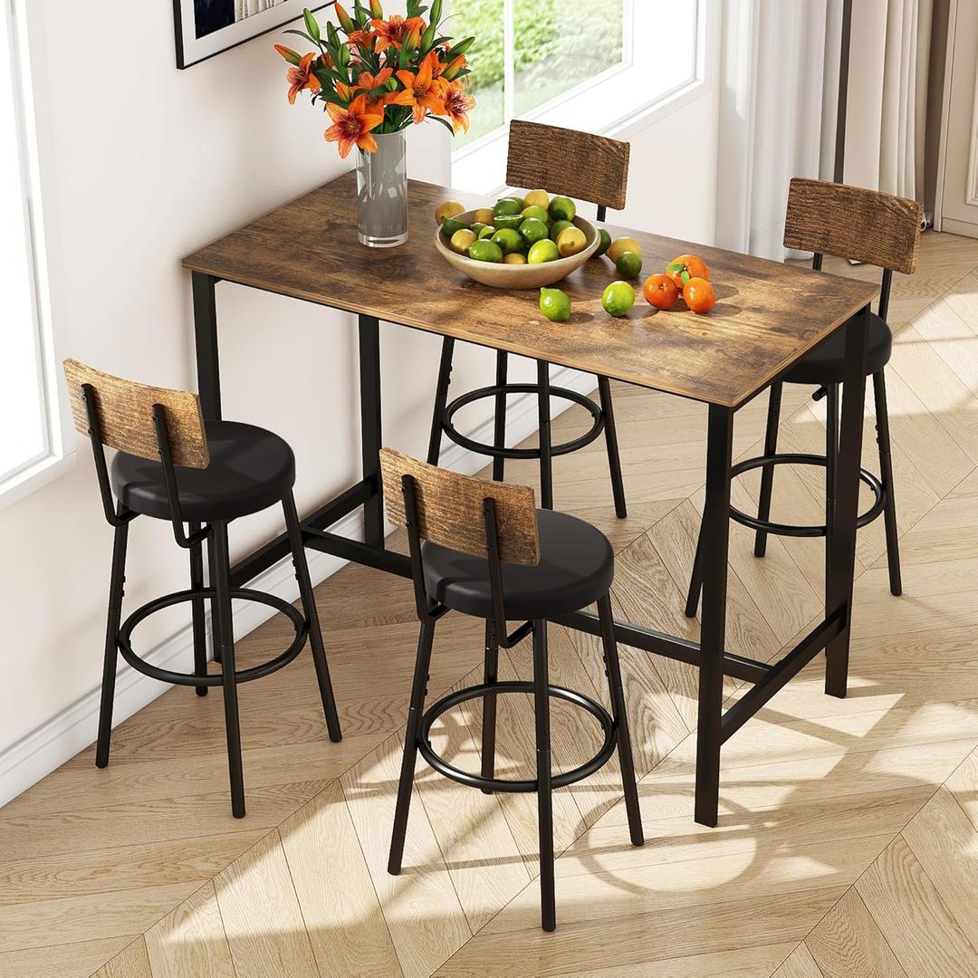 Tatub Bar Table and Chairs Set of 4, 5 Piece Counter Height High Breakfast Table Chairs Set of 4 for Dining Room, Brown