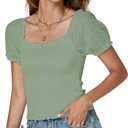 LYANER Women's Square Neck Shirred Eyelet Embroidered Puff Short Sleeve Ruffle Trim Blouse Crop Top (Green, L)