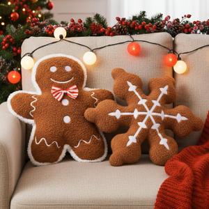 Thyle 2 Pcs Christmas Gingerbread Man Snowflake Throw Pillows Plush Throw Pillow Decorations for Christmas Xmas Winter Holiday Party Home Couch Sofa Bed Seasonal Cushion Gift