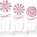 3 Pieces Christmas Table Decorations Wood Candy Set, Pink Christmas Tiered Tray Decor,Rustic Candy Table Decorations for Home Tables (Pink)