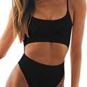 Meyeeka Womens Scoop Neck Cut Out Front Lace Up Back High Cut Monokini One Piece Swimsuit (Small, Black)