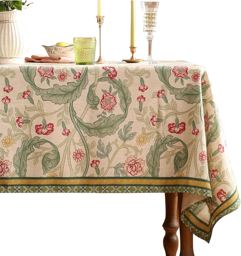 patdrea Designer Green Tablecloth for Rectangle Tables,Vintage Linen with Leaves and Flowers Pattern Tablecloths,Farmhouse Floral Table Cover Cloth Decor for Kitchen Dining Christmas,63"*87"