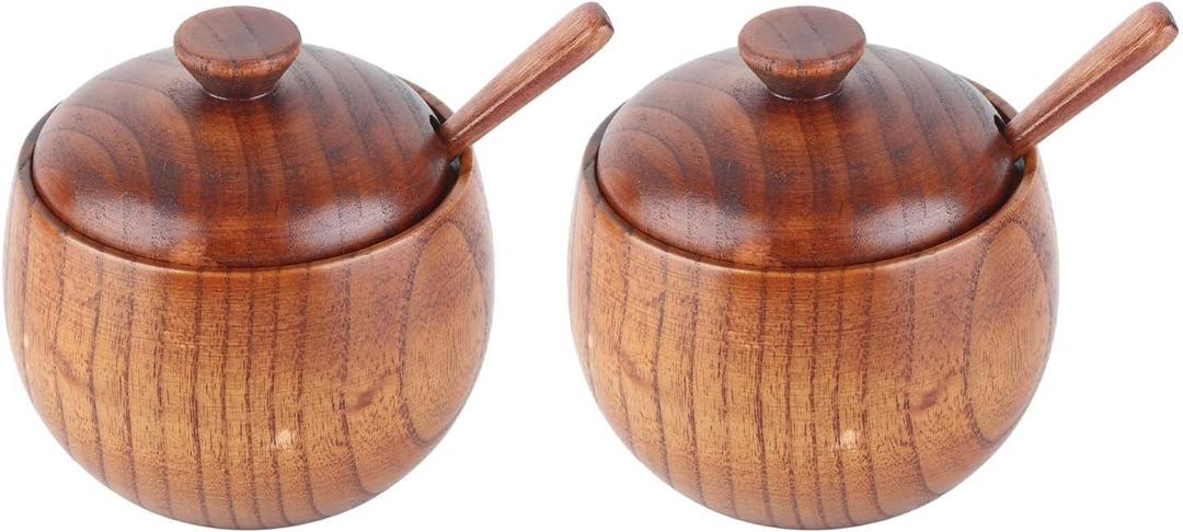 Hapivida 2Pcs Wood Spice Box, Salt Cellar with Lid and Spoon Salt Box Spice Jar Sugar Bowl Pepper Seasoning Container Holder