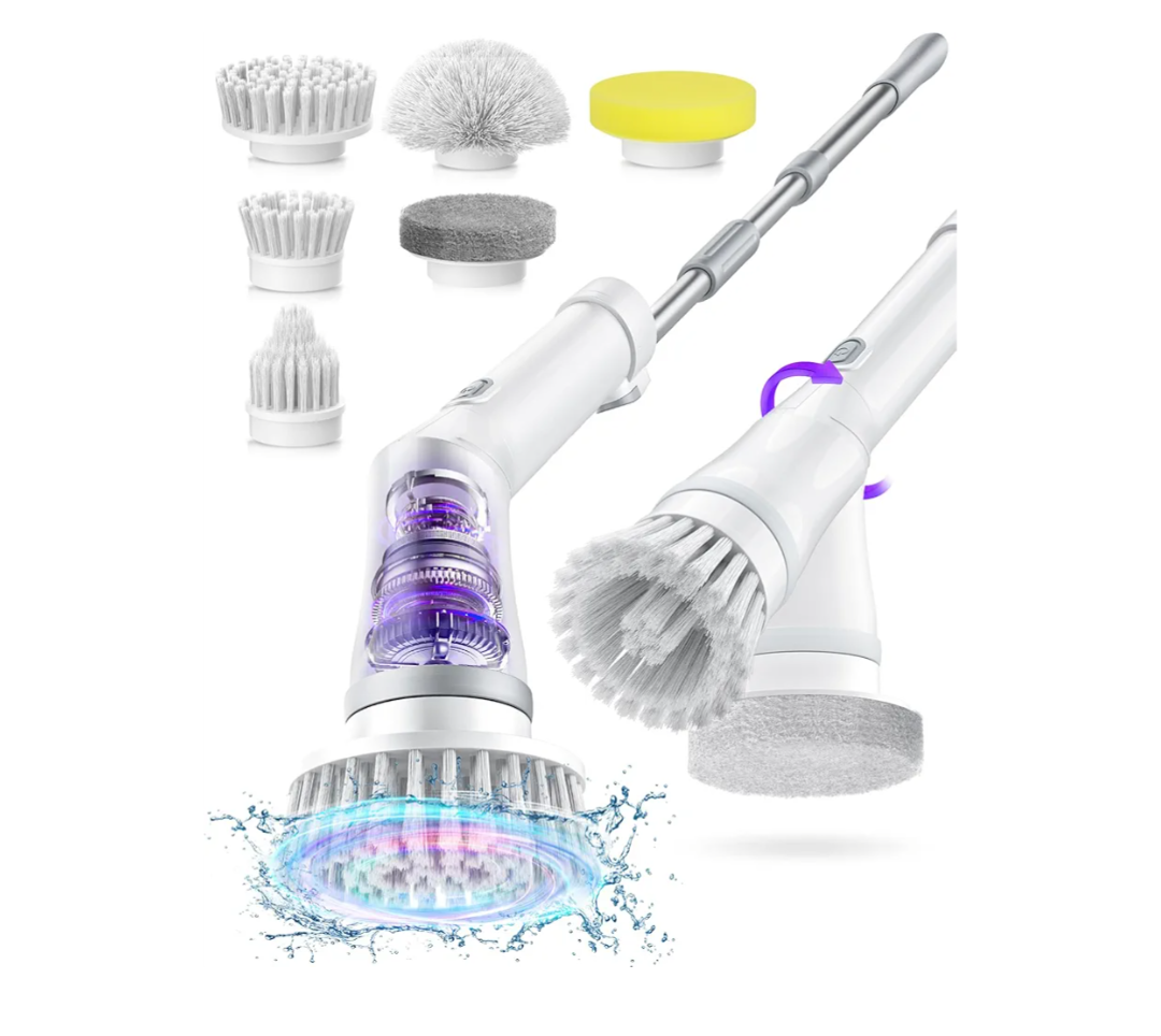 Electric Spin Scrubber, Cordless Shower Scrubber Rotary Floor Brushes & Pad Drivers with 6 Brush Heads - 2H Dual Speed, IPX7 Waterproof Extension Handle for Bathroom Tile Car Cleaning (White)
