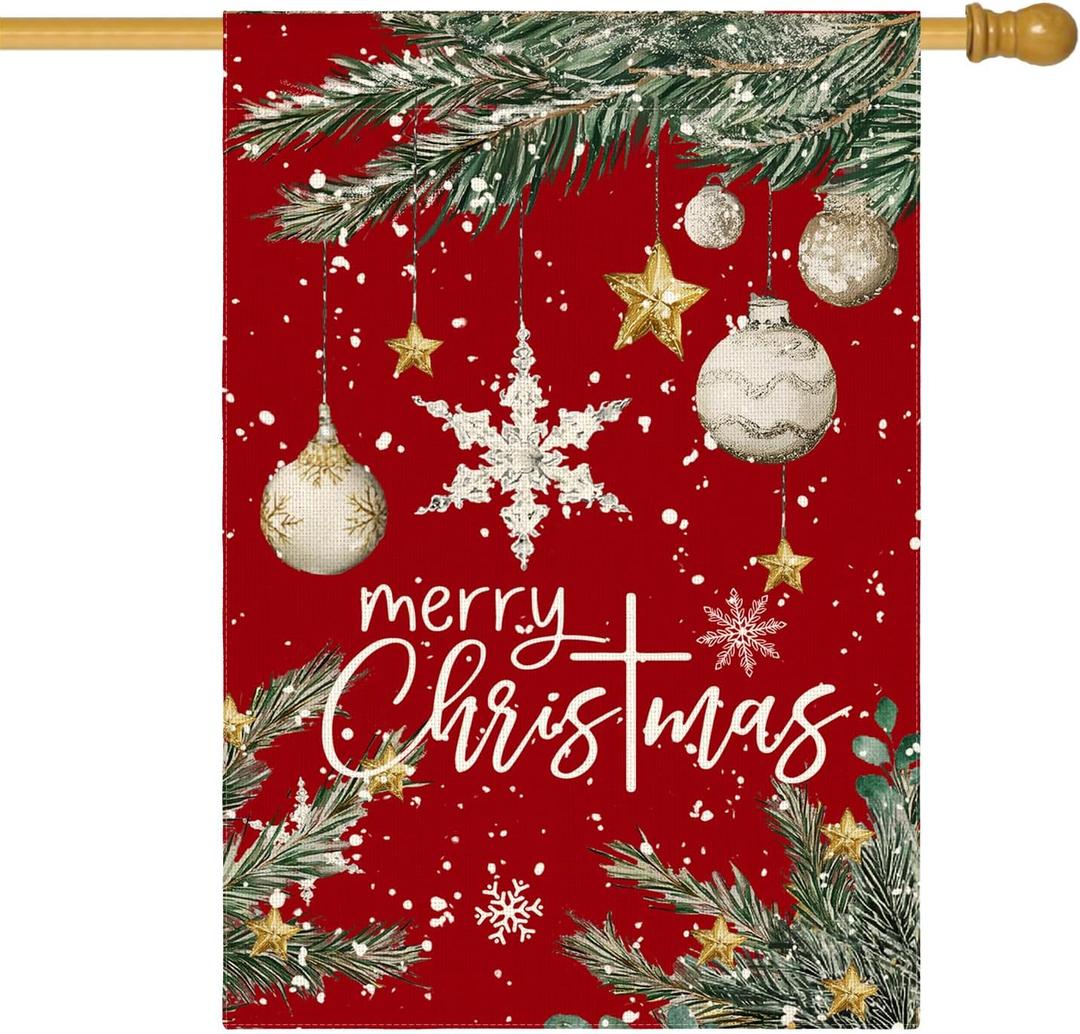 AVOIN colorlife Merry Christmas House Flag 28x40 Inch Double Sided Outside, Ornament Baubles Winter Holiday Yard Outdoor Flag,  Red